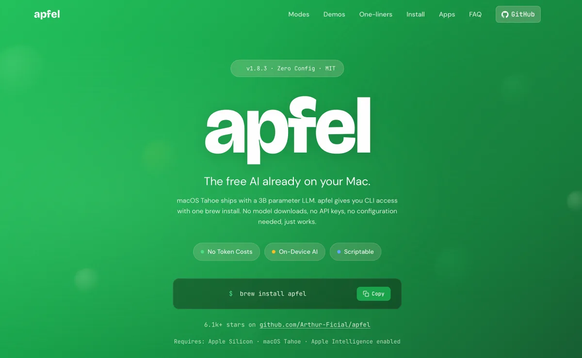 Screenshot der grünen Startseite des Terminal-Tools apfel