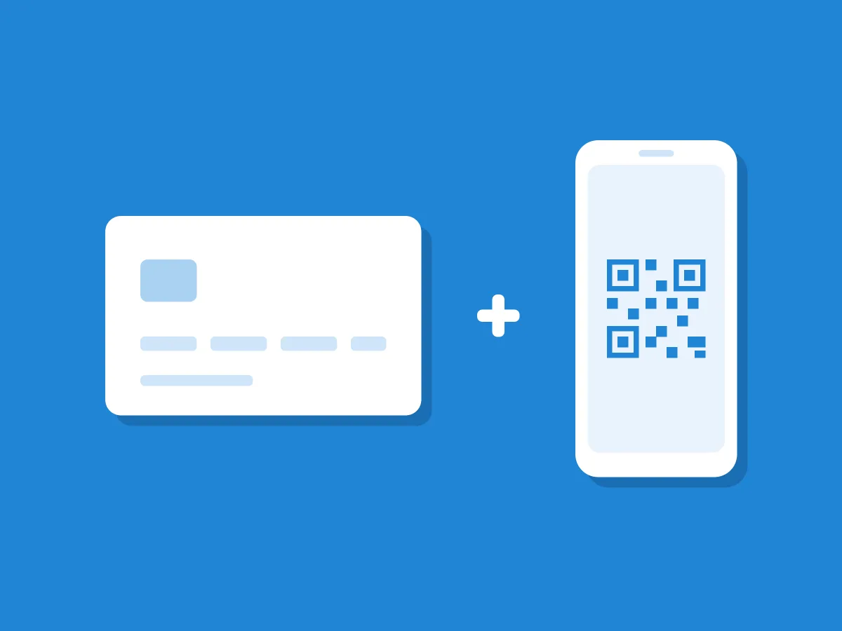 Grafik auf blauem Grund: links eine weiße Bezahlkarte, rechts ein Smartphone mit QR-Code, dazwischen ein Pluszeichen