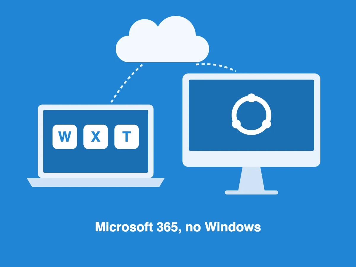 Grafik auf blauem Grund: ein MacBook mit Kacheln für Word, Excel und Teams und ein iMac mit Linux-Logo, beide mit einer Wolke verbunden, darunter die Zeile Microsoft 365, no Windows