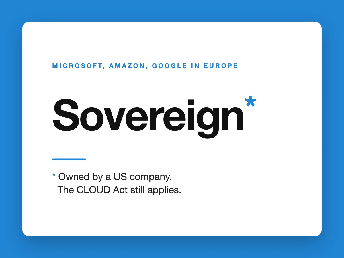 Eine weiße Karte auf blauem Grund mit der Zeile Microsoft, Amazon, Google in Europa, dem Wort Sovereign mit Sternchen und der Fußnote, dass die Anbieter einer US-Firma gehören und der CLOUD Act weiter gilt