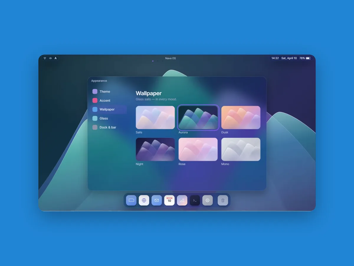 Konzept-Screenshot von Nava OS: ein durchscheinendes Einstellungsfenster mit sechs Pastell-Hintergrundbildern über einem türkis-violetten Desktop, unten ein Dock