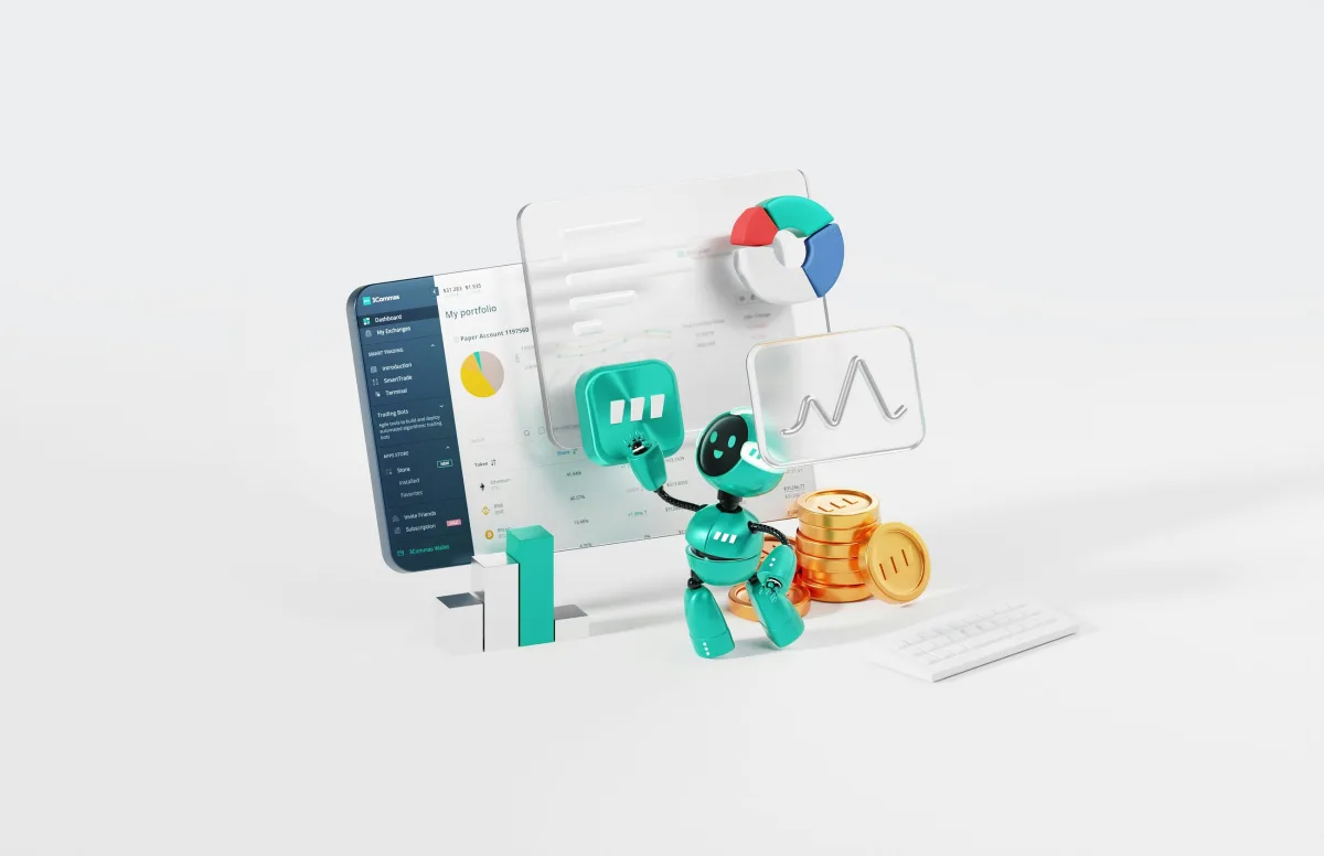 3D-Illustration eines Smartphones mit Diagrammen und Münzen
