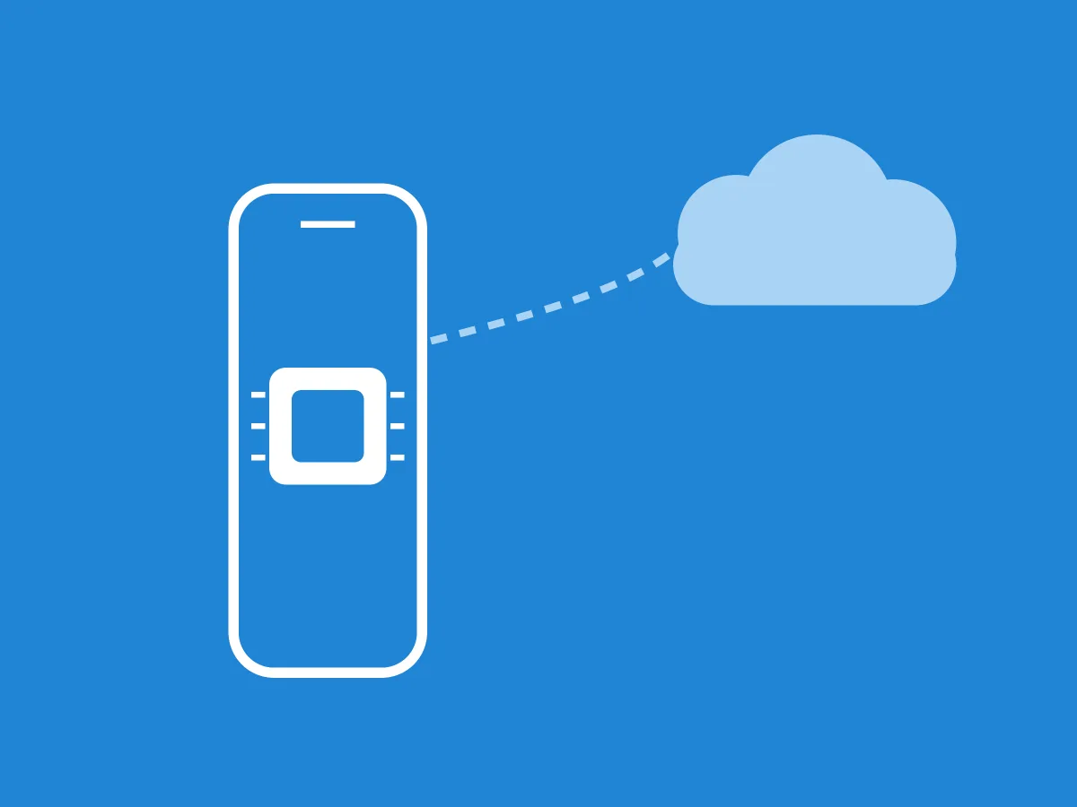 Flache Grafik auf blauem Grund: ein weißer iPhone-Umriss mit einem Chip darin, über eine gestrichelte Linie mit einer hellblauen Wolke verbunden